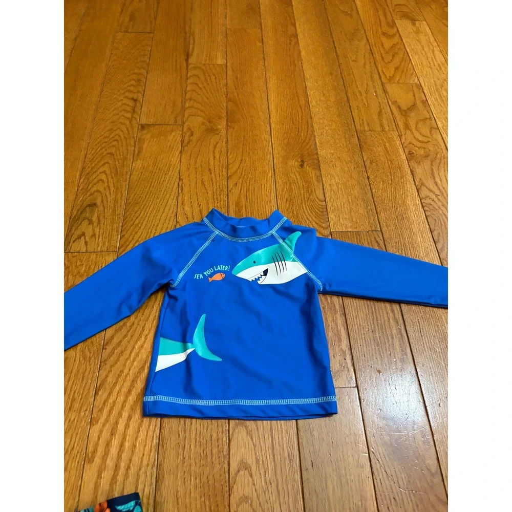 Little Me Shark Rash Guard & Cat & Jack Tropical Swim Trunks Set 18M Blue